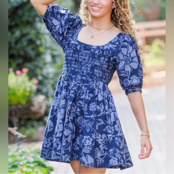 NWOT Free People Dress -Dear Delilah Blue Floral Puff
Sleeve Smocked dress - Picture 1 of 13